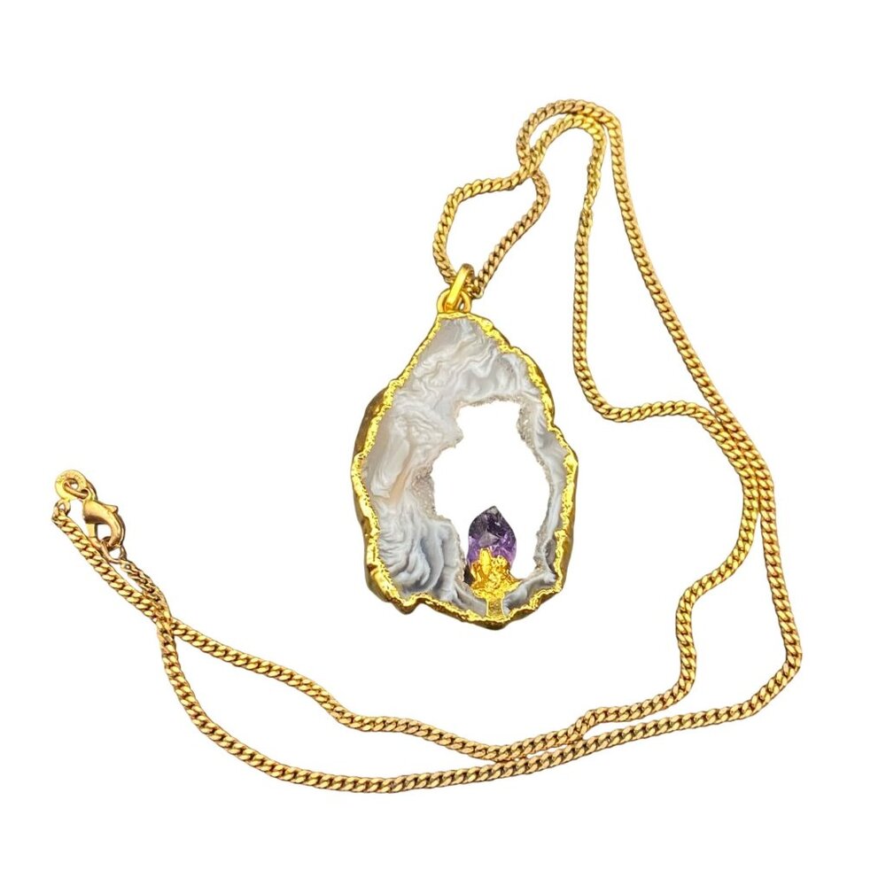 Amethyst Agate Geode Drusy Pendant Necklace Nickel Free Gold Tone 24" Chain